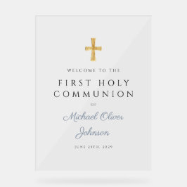 Religious Dusty Blue Boy First Communion Welcome Acrylschild