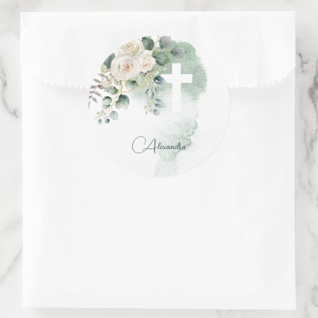 Religious Elegant Roses Green Wash Cross Runder Aufkleber (Tasche)