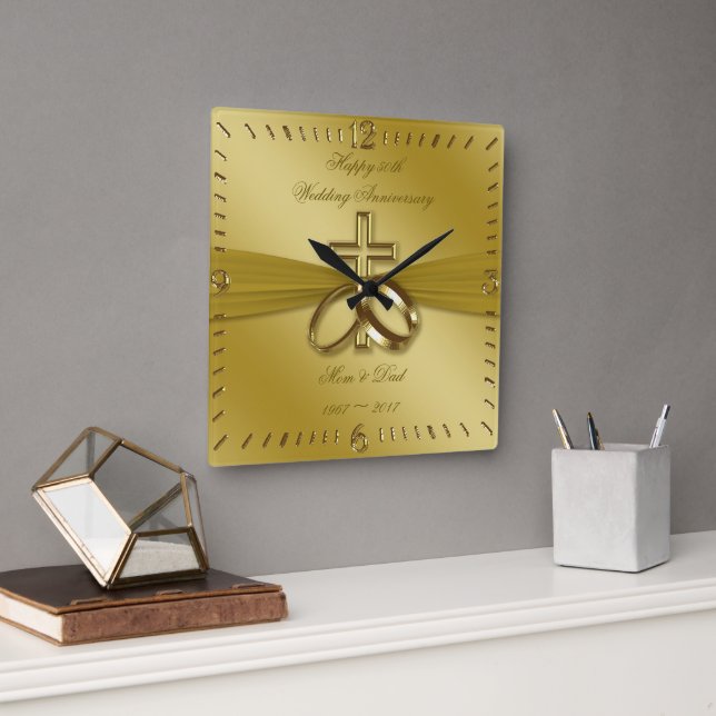 Religious Golden 50. Wedding Anniversary Clock Quadratische Wanduhr (Büro)