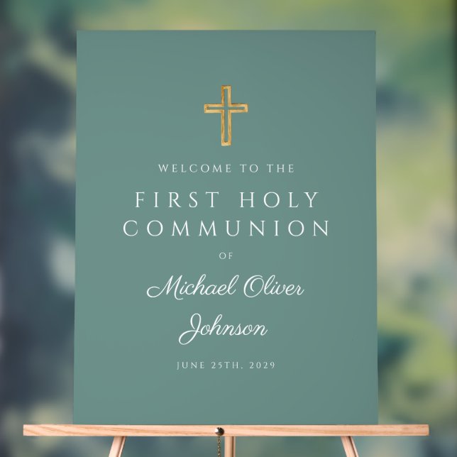 Religious Green Boy First Communion Welcome Acrylschild (Neutral)