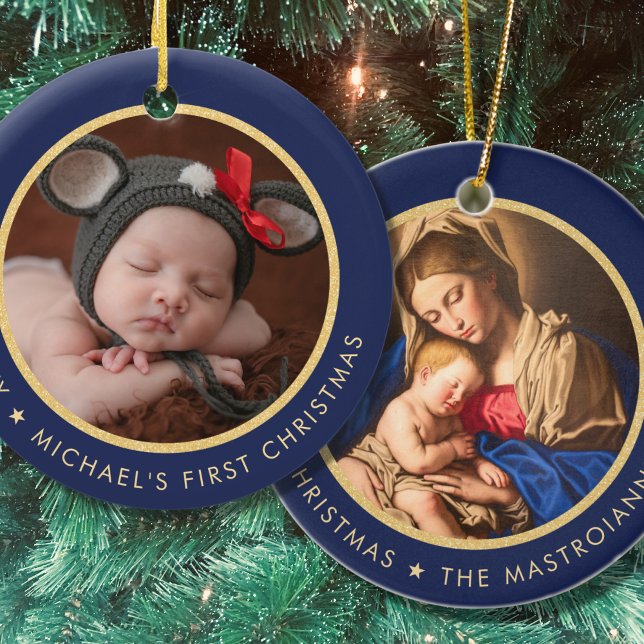 Religious Madonna & Child Baby's 1. Weihnachten Keramik Ornament (Religious Baby's 1st Christmas in navy blue and gold with Madonna and Child)
