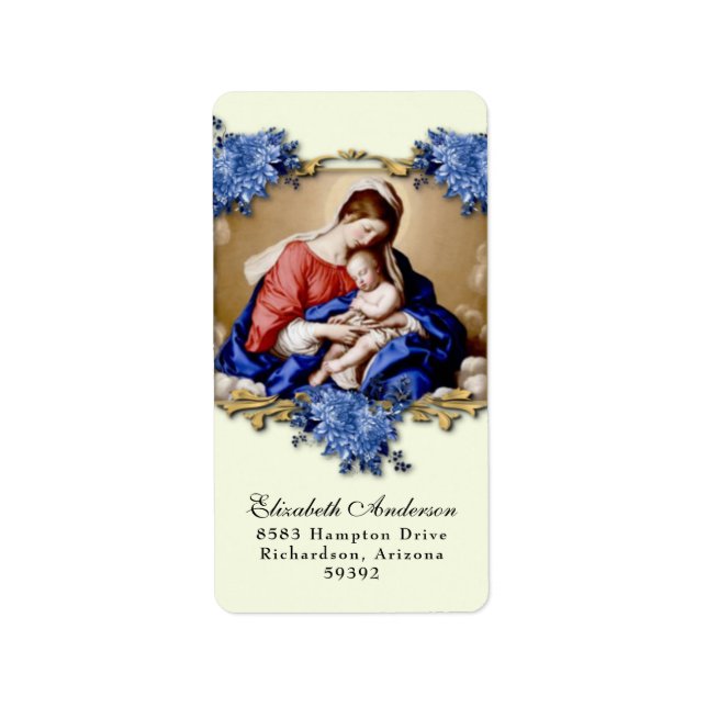 Religious Virgin Mary Jesus Blue Flower Adressaufkleber (Vorne)