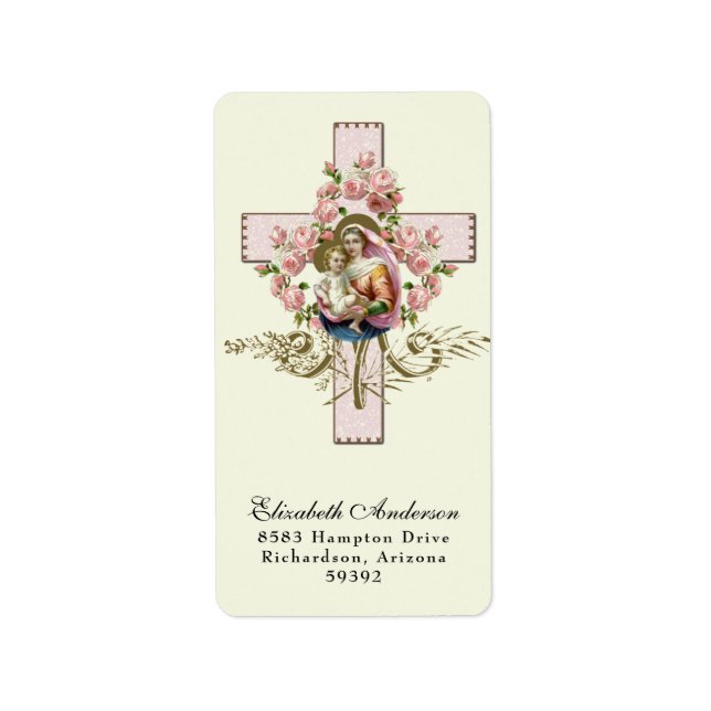Religious Virgin Mary Jesus Pink Roses Cross Adressaufkleber (Vorne)
