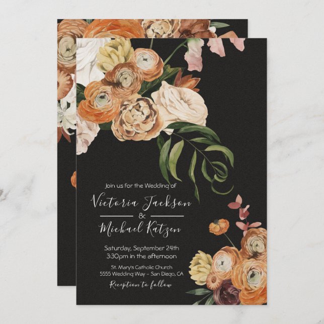 Rembrandt Autumn Floral Dark & Moody Wedding Einladung (Vorne/Hinten)