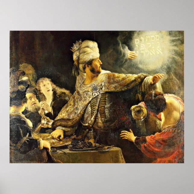 Rembrandt - Belshazzars Fest, religiöses Gemälde Poster (Vorne)