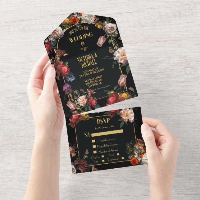 Rembrandt Dark & Moody Floral Wedding All In One Einladung (Abreißen)