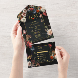 Rembrandt dunkle und schwermütige florale Hochzeit All In One Einladung
