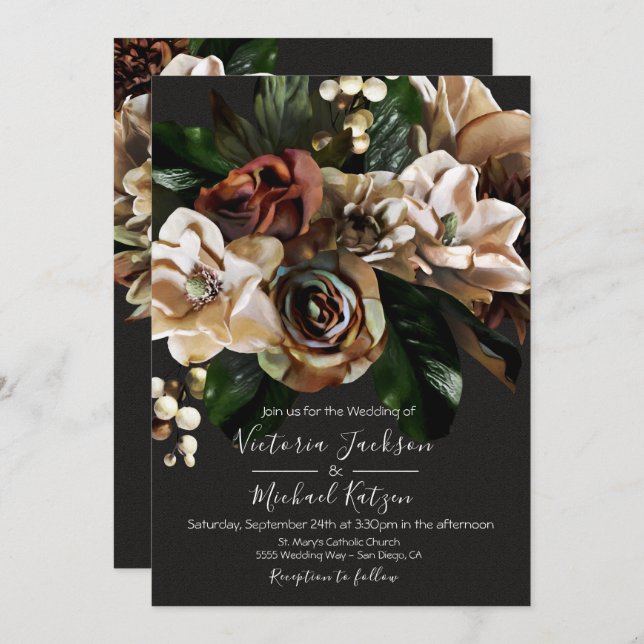 Rembrandt Floral Dark & Moody Wedding Einladung (Vorne/Hinten)