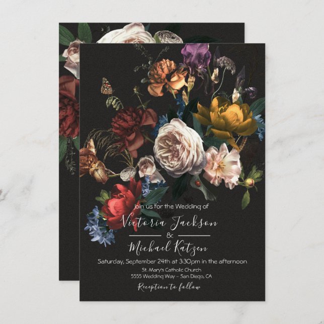 Rembrandt Floral Dark & Moody Wedding Einladung (Vorne/Hinten)