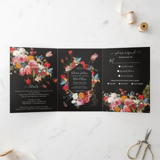 Rembrandt Floral Dark & Moody Wedding Kessel Dreifach Gefaltete Einladung (Innenseite)