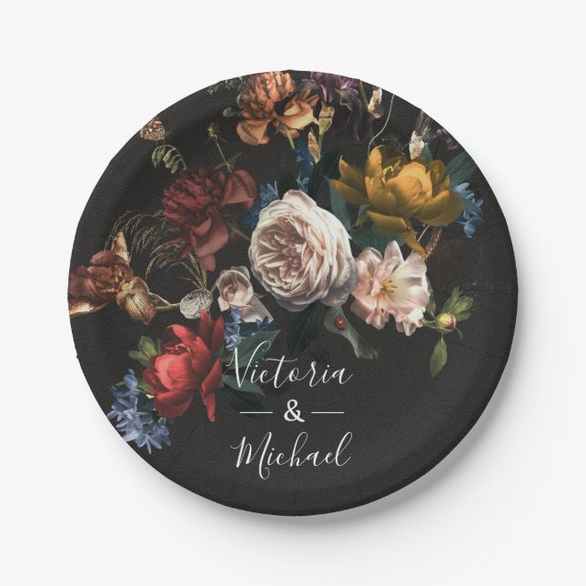 Rembrandt Floral Dark & Moody Wedding Pappteller (Vorderseite)