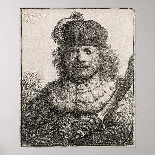 Rembrandt - Selbstportrait mit erhöhtem Säbel 1634 Poster (Vorne)