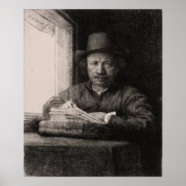 Rembrandt - Selbstporträt Zeichnend am Fenster Poster (Vorne)