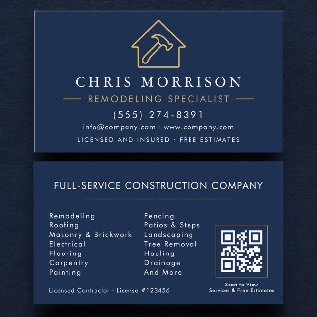 Remodeling Specialist QR Code Navy Blue Gold  Visitenkarte (Von Creator hochgeladen)