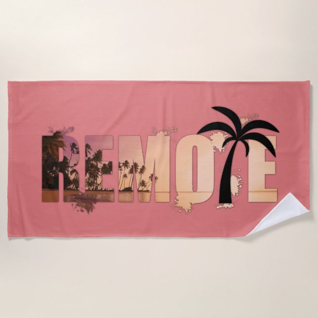 Remote Word Art Splash Palm Tree Silhouette Strandtuch (Vorderseite)