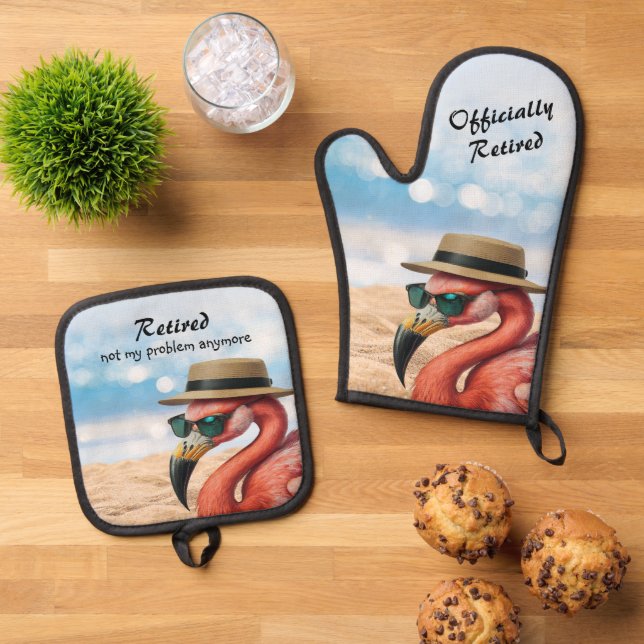 Remüde Flamingo am Strand mit Hut und Sonnenbrille Ofenhandschuh & Topflappen-Set (Oben Unten)