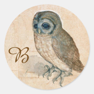 RENAISSANCE ANIMAL ZEICHNUNGEN /DAS OWL Monogramm Runder Aufkleber