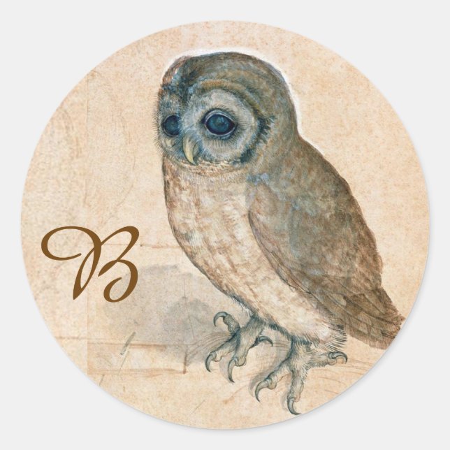 RENAISSANCE ANIMAL ZEICHNUNGEN /DAS OWL Monogramm Runder Aufkleber (Vorderseite)