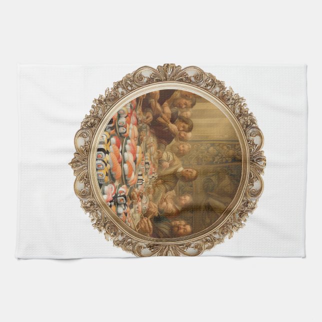 Renaissance-Gemälde-Parodie: Mann isst Sushi Geschirrtuch (Horizontal)