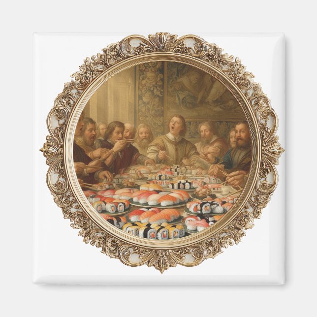 Renaissance-Gemälde-Parodie: Mann isst Sushi Magnet (Vorne)