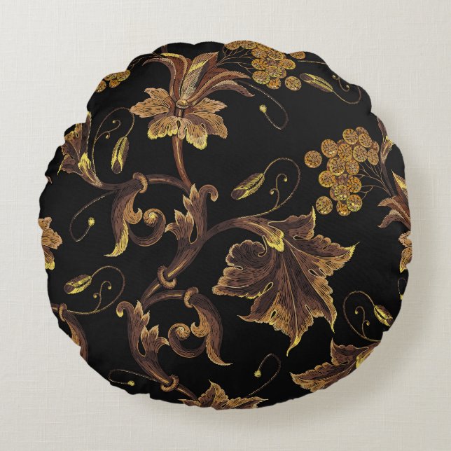 Renaissance Golden Floral Stickerei Muster Rundes Kissen (Vorderseite)
