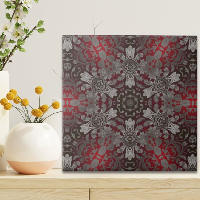 Renaissance gotische Metallmandala rot-schwarz Fliese (renaissance gothic metallic red and black mandala ceramic tile)