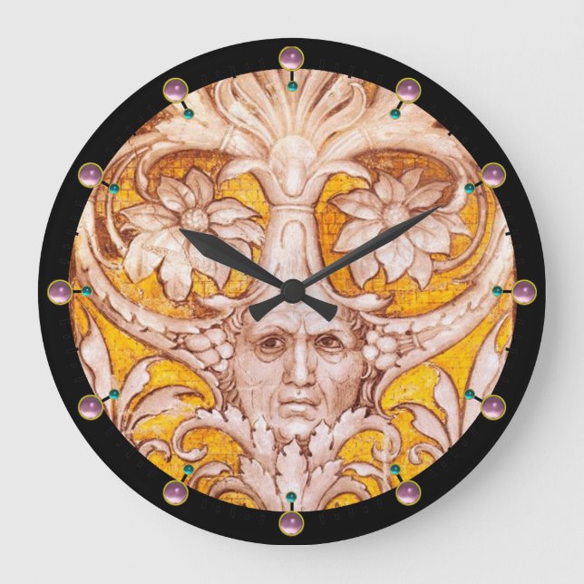 RENAISSANCE GROTESQUE GESICHT MIT GOLDWEISSEN BLUM GROßE WANDUHR (Vorderseite)