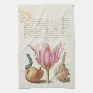 Renaissance-Kalligrafiekunst rosa Tulpe und Birne Geschirrtuch