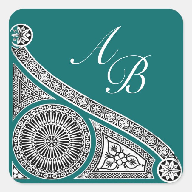 RENAISSANCE MONOGRAM blau grün Quadratischer Aufkleber (Vorderseite)