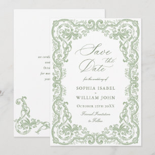 Renaissance-Ornamentale-Blumen-Hellgrüne-Hochzeit Save The Date
