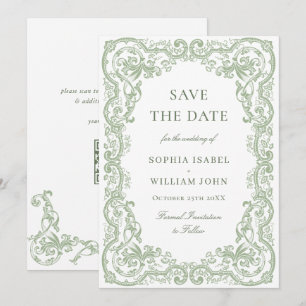 Renaissance-Ornamentale-Blumen-Sage-Grün-Hochzeit Save The Date