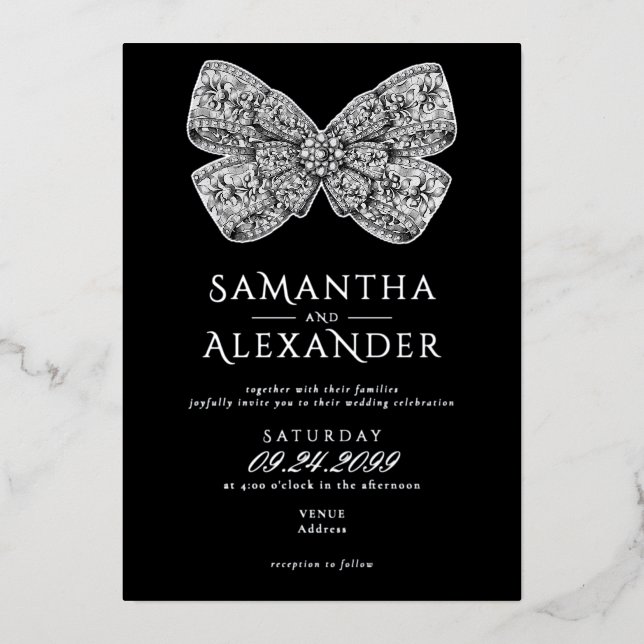 Renaissance Regency Verziert Bow Black Foto Weddin Folieneinladung (Vorderseite)