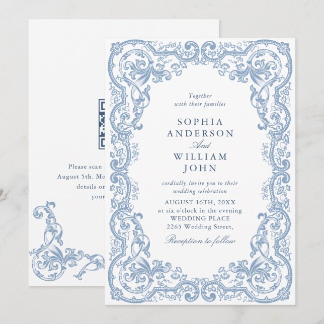 Renaissance Verziert Dust Blue Wedding QR Code Einladung (Vorne/Hinten)