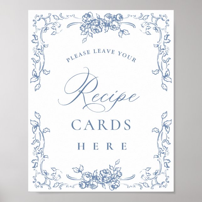 Renaissance Verziert Dusty Blue Floral Rezept Card Poster (Vorne)