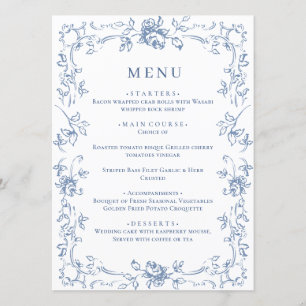 Renaissance Verziert Dusty Blue Floral Wedding Menükarte
