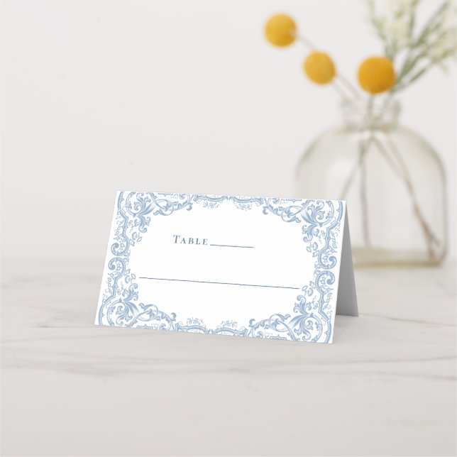 Renaissance Verziert Dusty Blue Floral Wedding Platzkarte (Vorderseite)