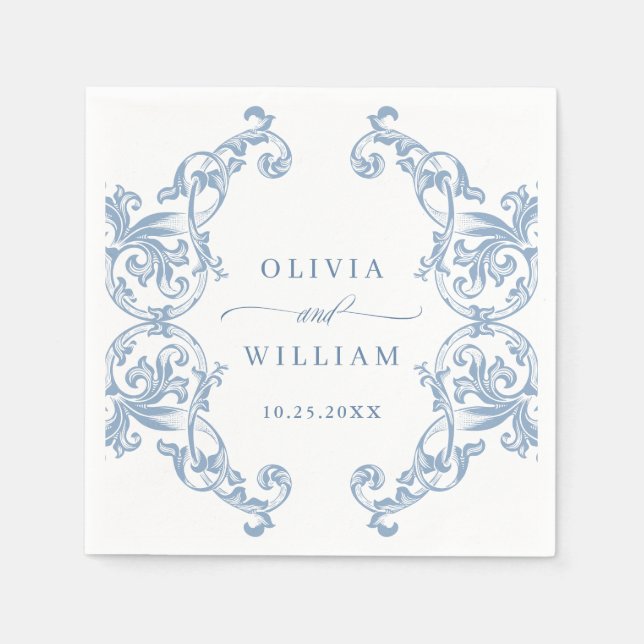 Renaissance Verziert Dusty Blue Floral Wedding Serviette (Vorderseite)