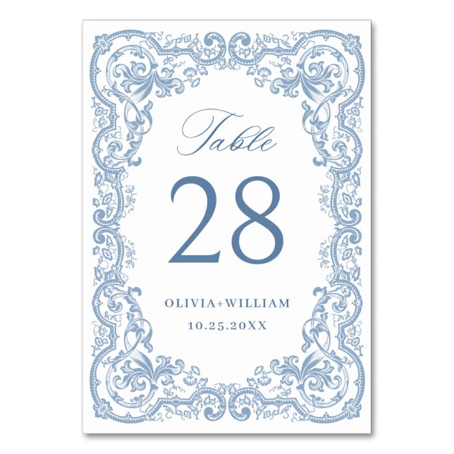 Renaissance Verziert Dusty Blue Floral Wedding Tischnummer (Vorderseite)