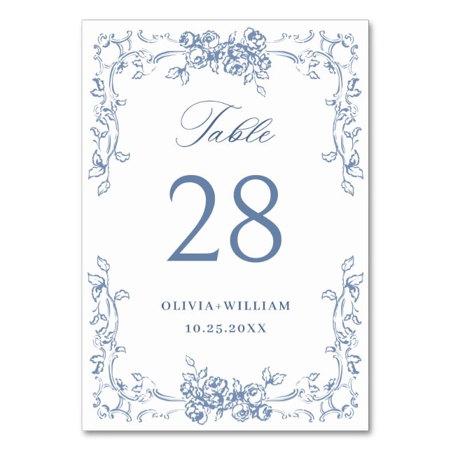 Renaissance Verziert Dusty Blue Floral Wedding Tischnummer (Vorderseite)