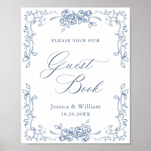 Renaissance Verziert Dusty Blue Guestbook Sign Poster (Vorne)