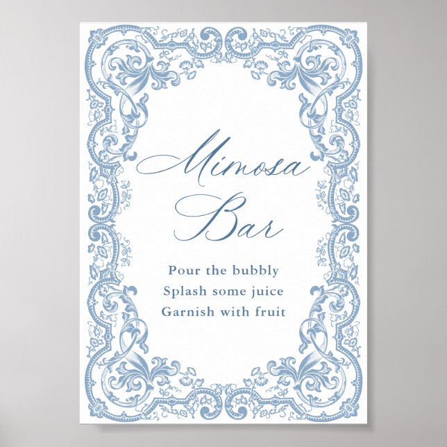 Renaissance Verziert Dusty Blue Mimosa Bar Sign Poster (Vorne)