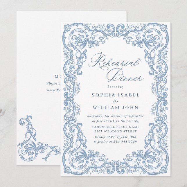 Renaissance Verziert Dusty Blue Probe Dinner Einladung (Vorne/Hinten)
