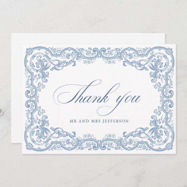 Renaissance Verziert Floral Dusty Blue Wedding Dankeskarte (Vorne/Hinten)
