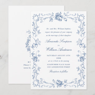Renaissance Verziert Floral Dusty Blue Wedding Einladung