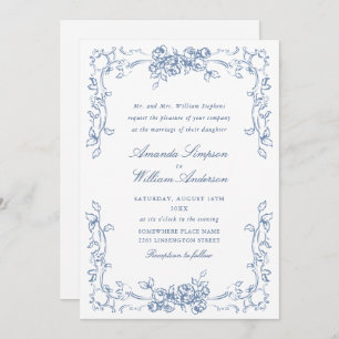 Renaissance Verziert Floral Dusty Blue Wedding Einladung