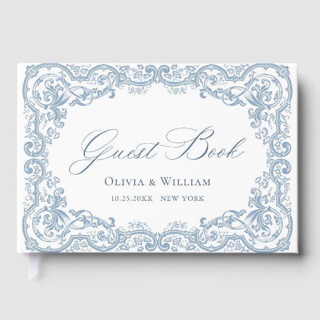 Renaissance Verziert Floral Dusty Blue Wedding Gästebuch (Vorderseite)