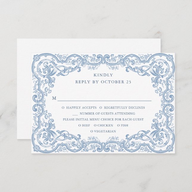 Renaissance Verziert Floral Dusty Blue Wedding RSVP Karte (Vorne/Hinten)