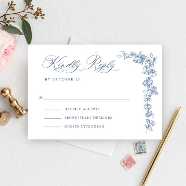 Renaissance Verziert Floral Dusty Blue Wedding RSVP Karte (Von Creator hochgeladen)