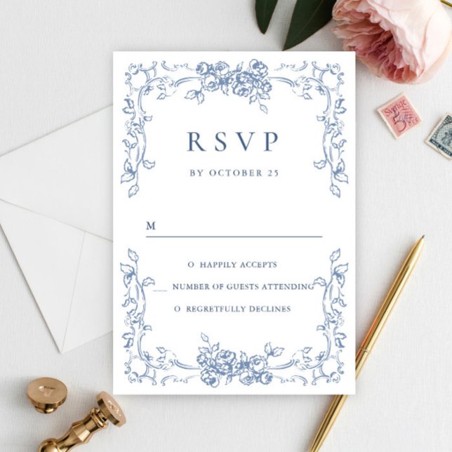 Renaissance Verziert Floral Dusty Blue Wedding RSVP Karte (Von Creator hochgeladen)