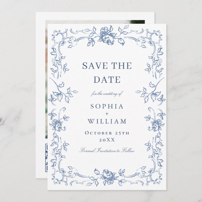 Renaissance Verziert Floral Dusty Blue Wedding Save The Date (Vorne/Hinten)